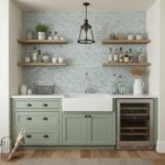 Glass tile backsplash behind the sink with open wooden shelves and wine cooler.