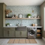 Glass tile backsplash behind sink and washer in laundry room.