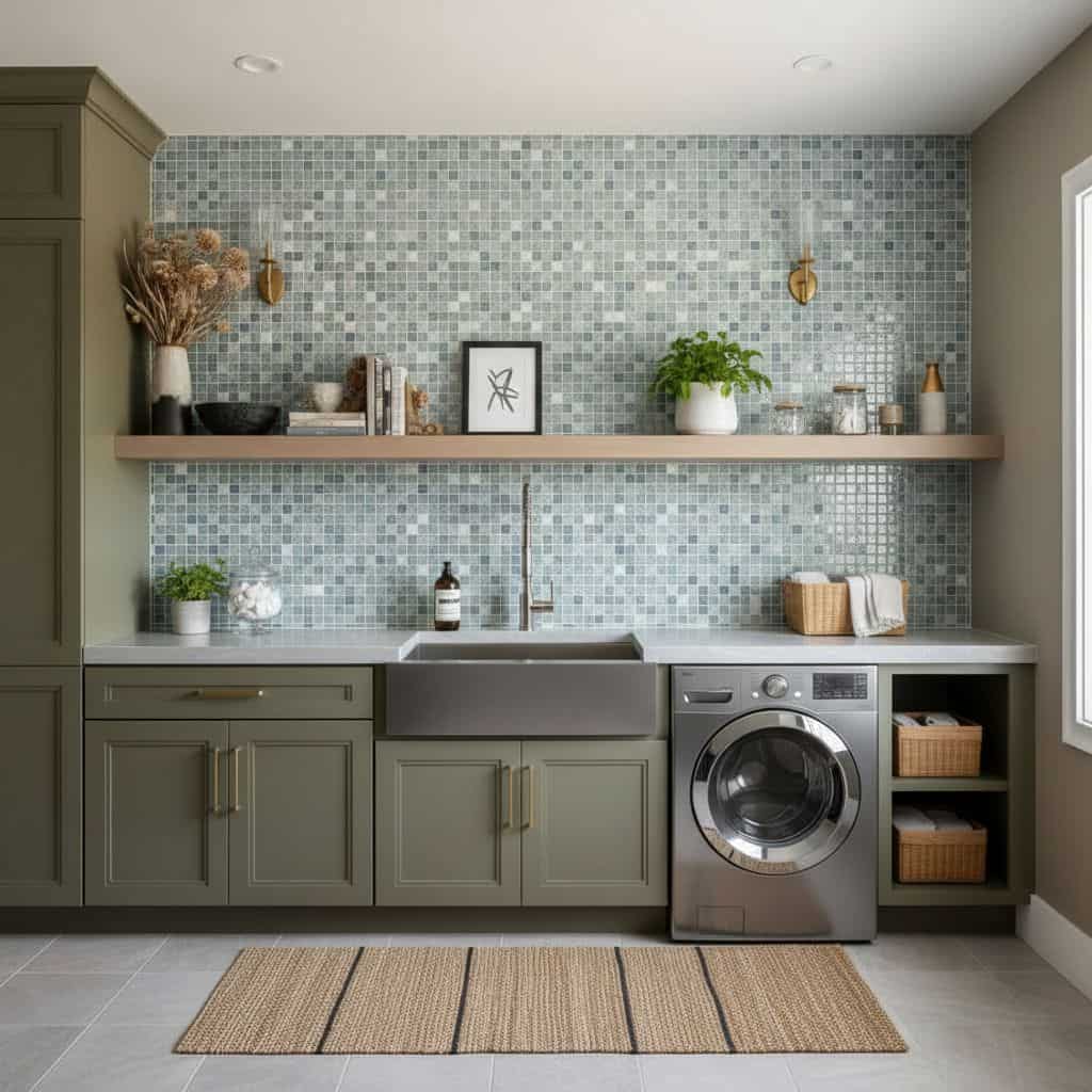 Glass tile backsplash behind sink and washer in laundry room.