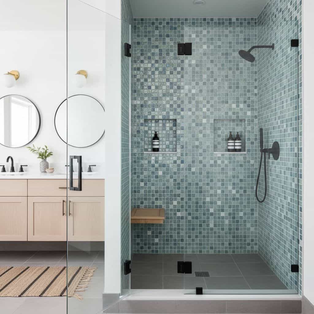 Modern glass tile shower featuring blue mosaic tiles, built-in shelves, and a sleek black showerhead for a stylish bathroom u.