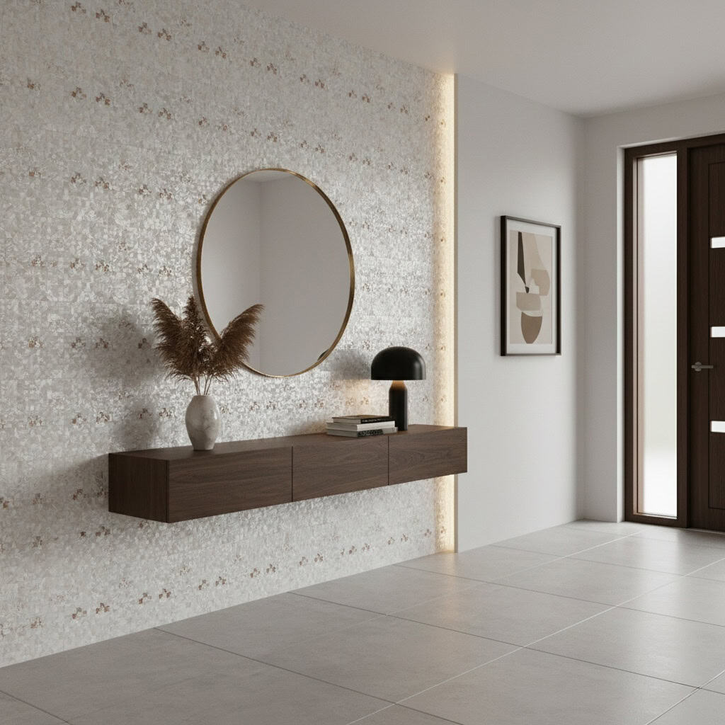Mirror and wall decor with pearl shell tile accents in a modern entryway.