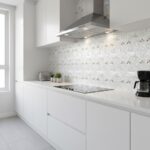 Mother of pearl shell tile backsplash in a modern kitchen setting.