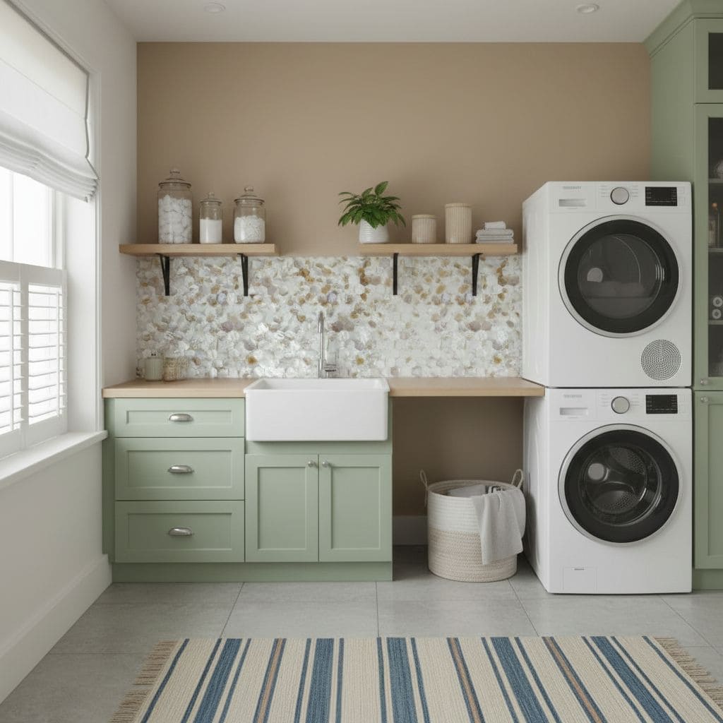 Mother of pearl shell tile backsplash in a modern laundry room with green cabinetry and stacked washer and dryer.