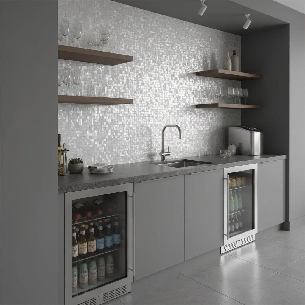Elegant shell tile backsplash with mother of pearl accents.
