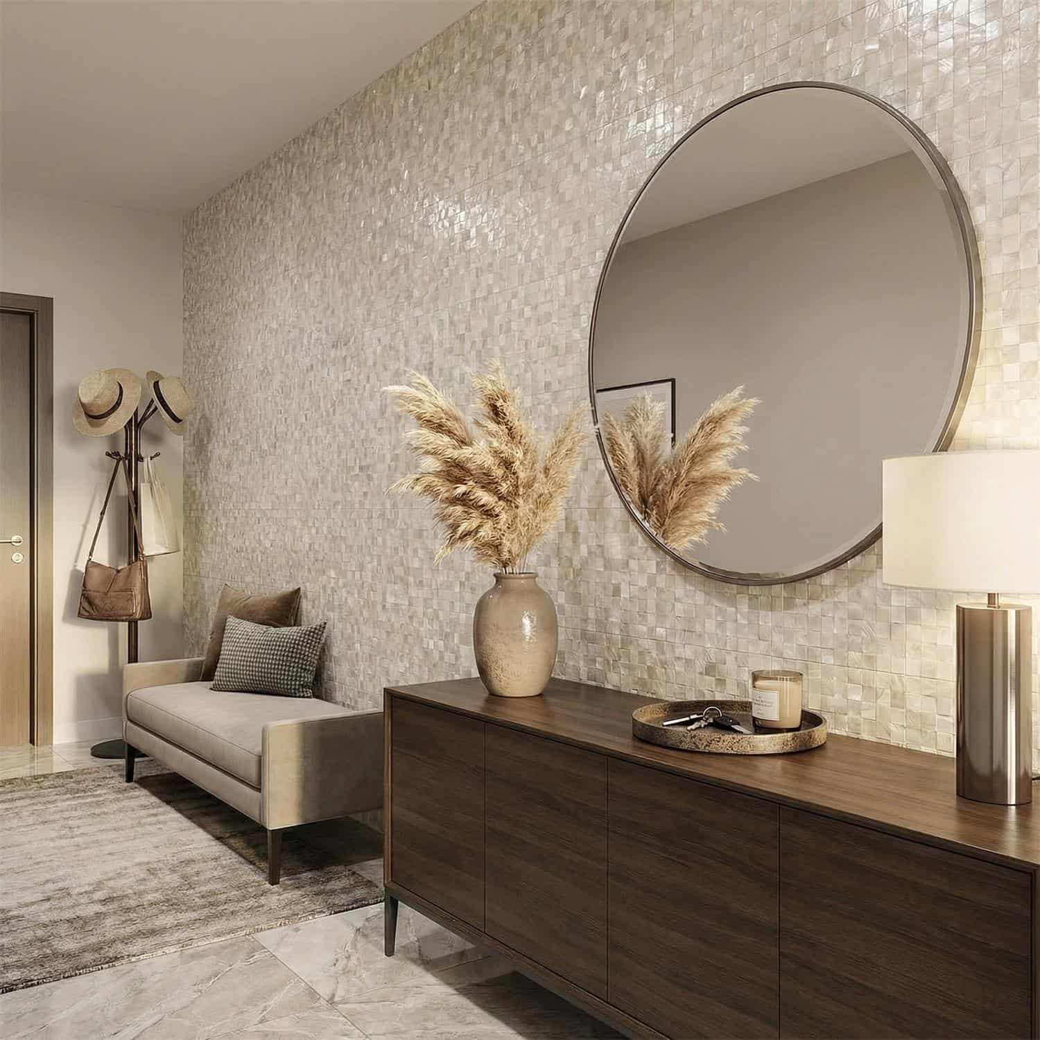 Decorative shell tile wall with a round mirror and modern furniture.