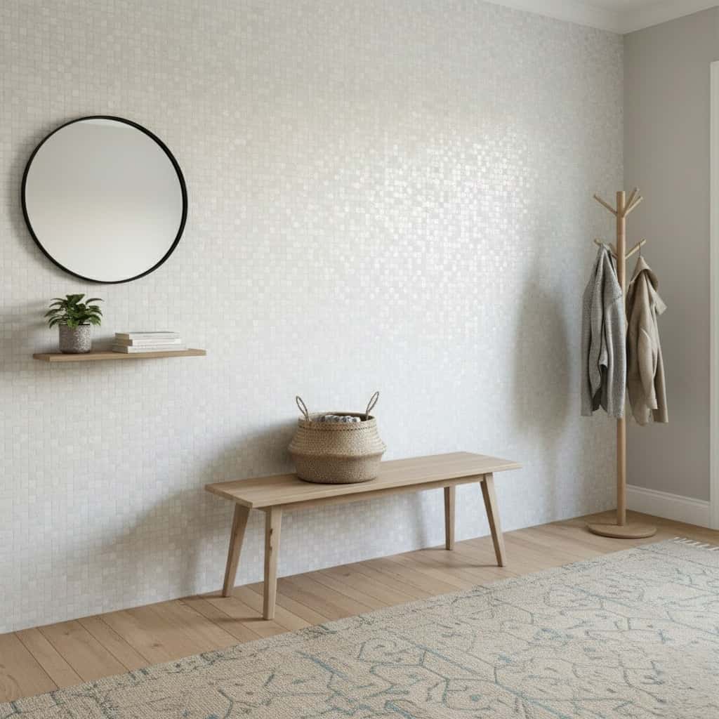 Elegant wall with mother of pearl shell tile, minimal decor, and a wooden coat rack in a modern home interior.