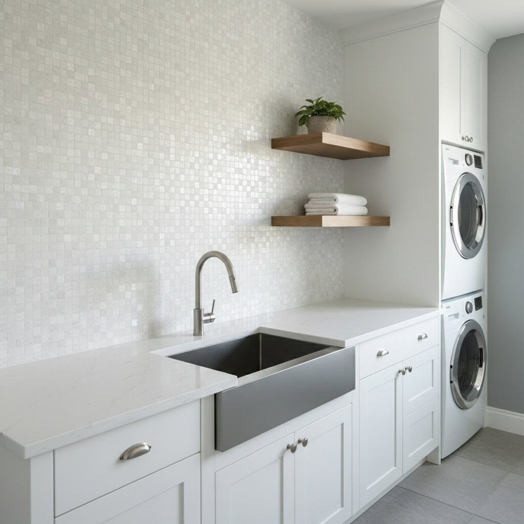 Laundry room with pearl shell tile backsplash and white cabinetry.