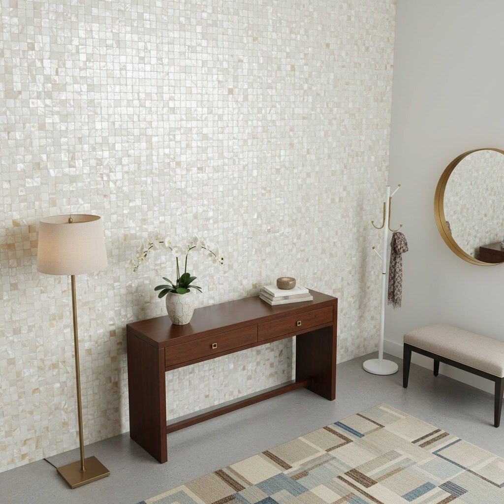 A stylish interior featuring a wall covered with mother of pearl shell tiles, creating a shimmering, elegant backdrop.