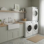 Laundry room with mother of pearl shell tile accents on the wall behind the sink.
