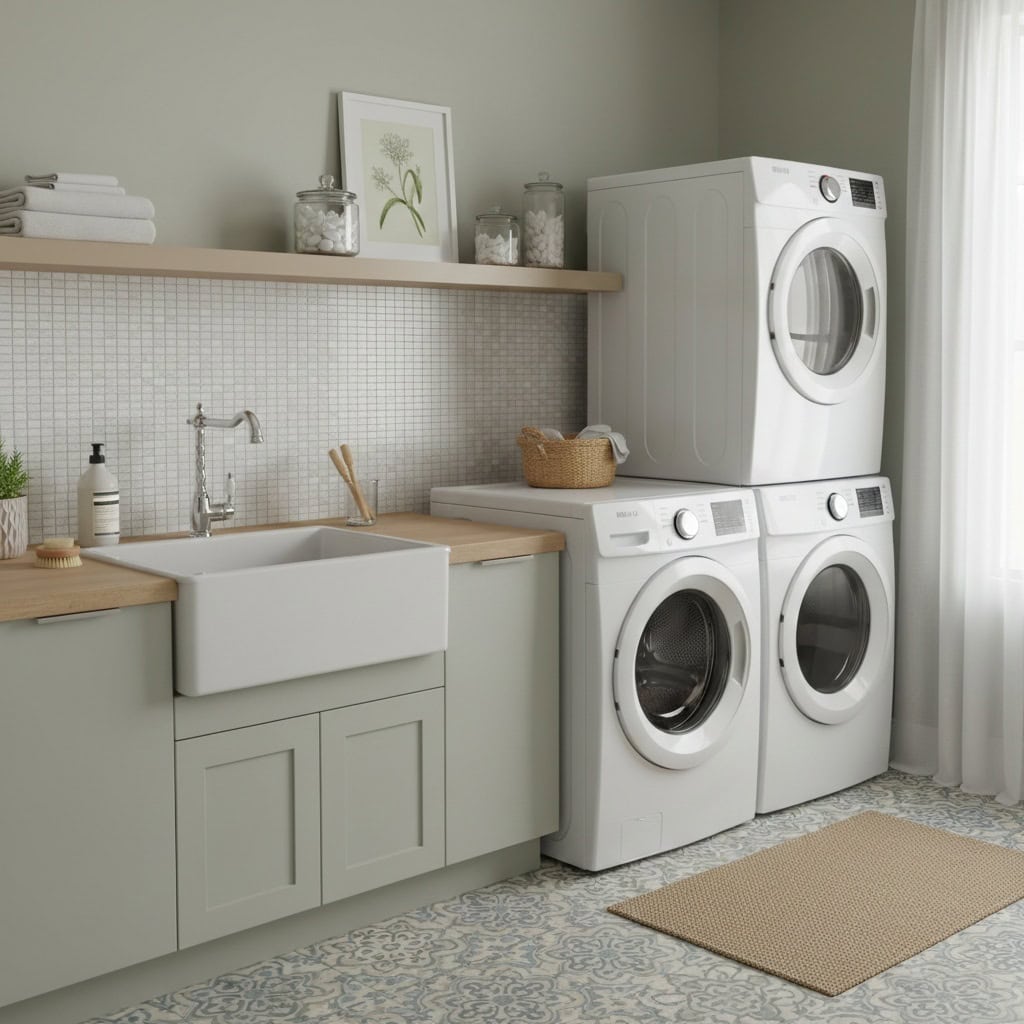 Laundry room with mother of pearl shell tile accents on the wall behind the sink.