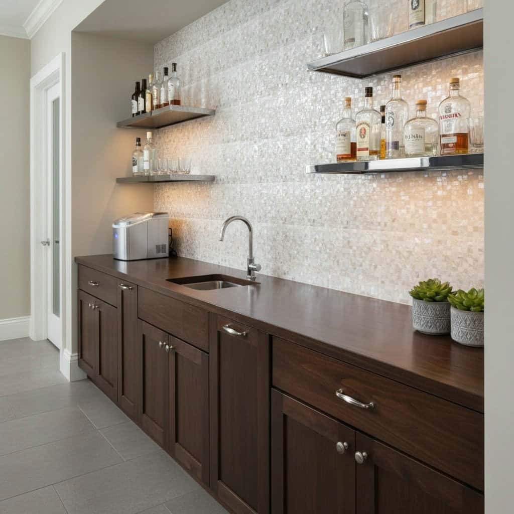 Mother of pearl shell tile backsplash in a modern kitchen with dark wood cabinetry and floating shelves.