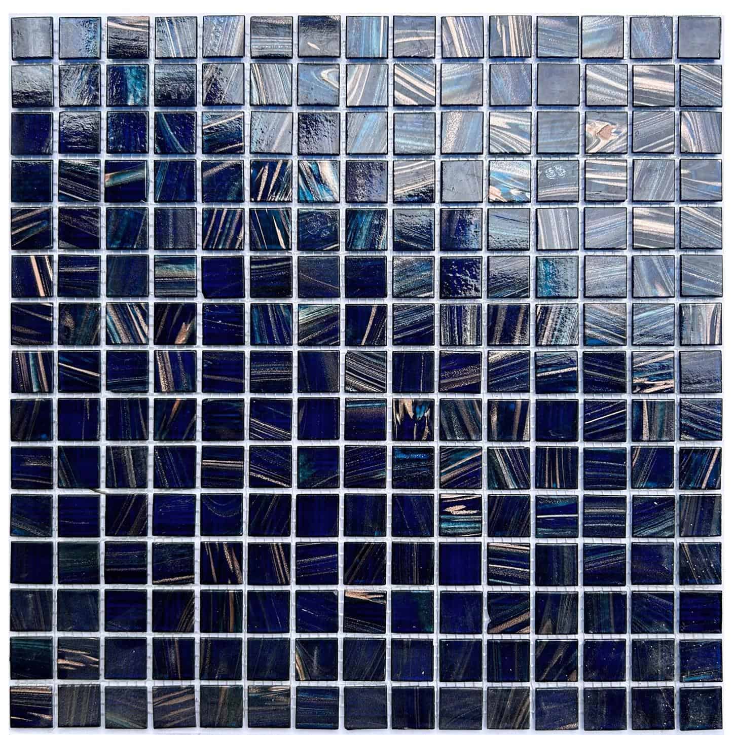 Blue glass tile mosaic for backsplash and pool, featuring shiny, reflective surfaces and intricate patterns.