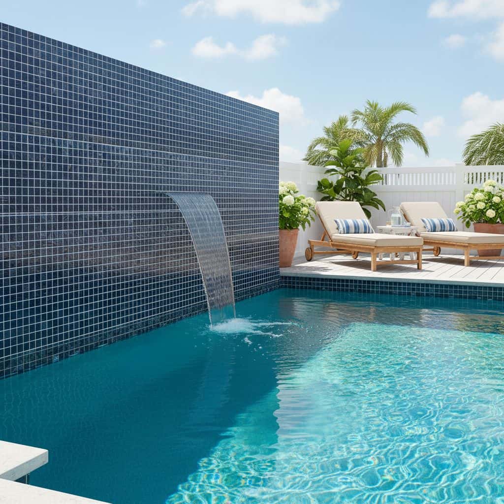 A stunning outdoor pool with a glass tile backsplash, featuring a waterfall feature and lounge area with tropical plants for.