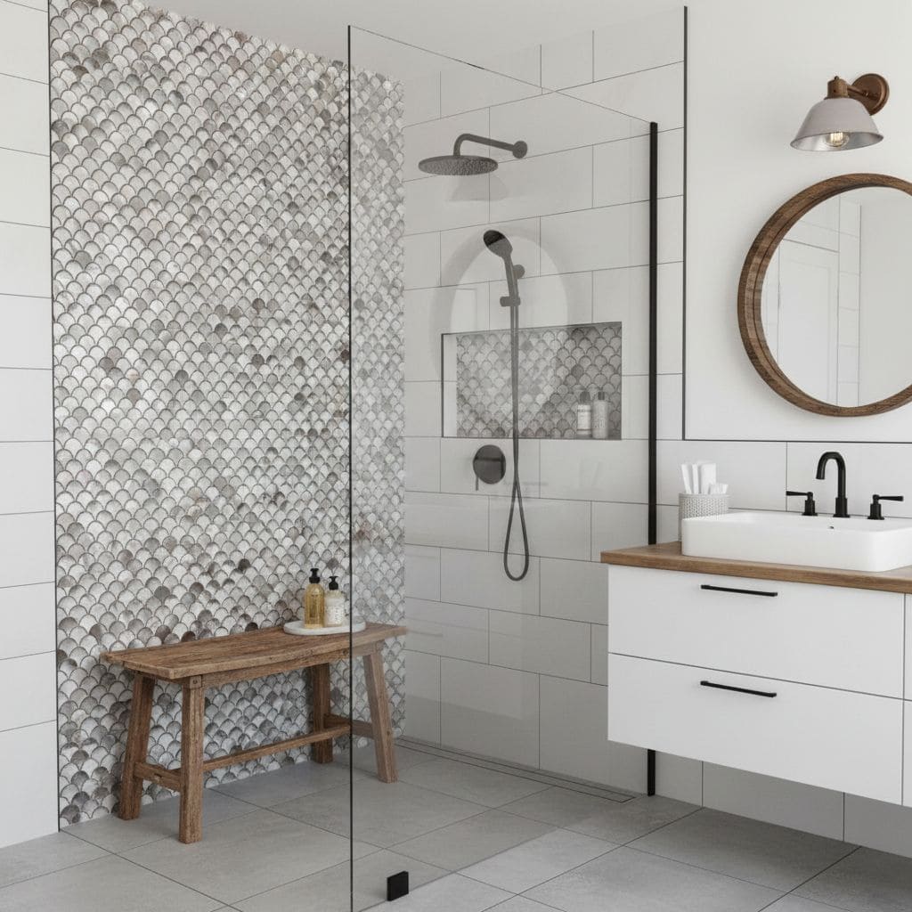 Mother of pearl shell tile used in bathroom shower area for a luxurious, natural look. Features white and iridescent shell ti.