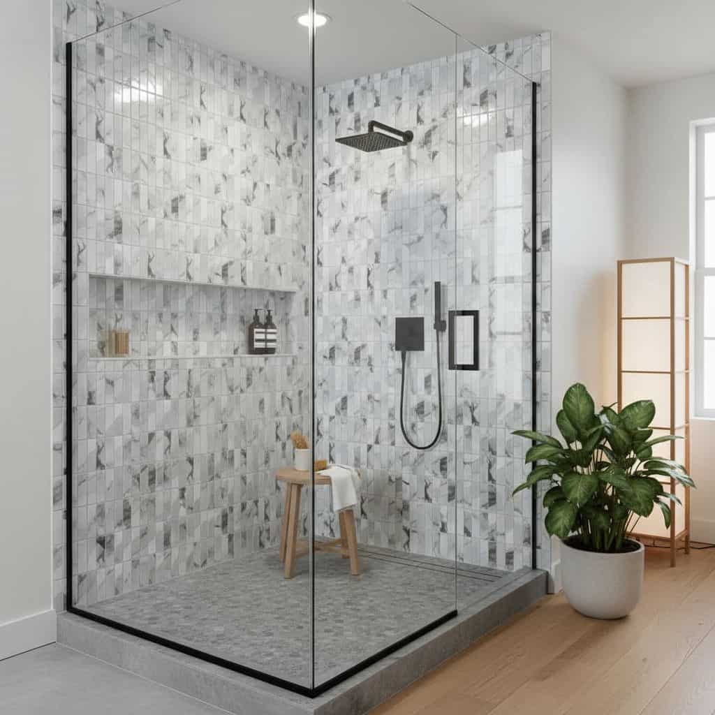 A modern glass shower enclosure featuring marble glass tile walls and a sleek black shower fixture, complemented by a potted.