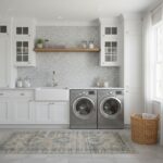 Bright laundry room with peel and stick wall tiles behind sink and appliances.