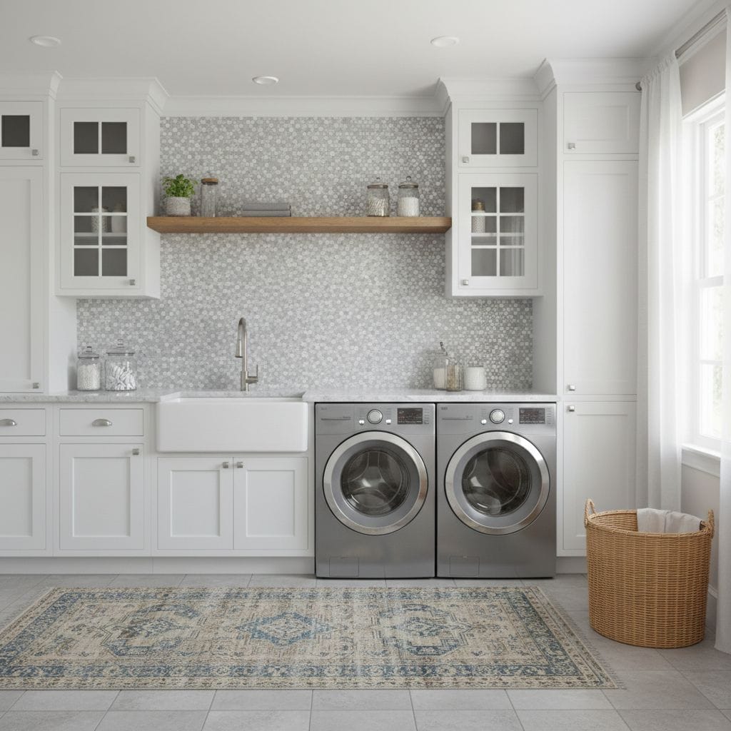 Bright laundry room with peel and stick wall tiles behind sink and appliances.