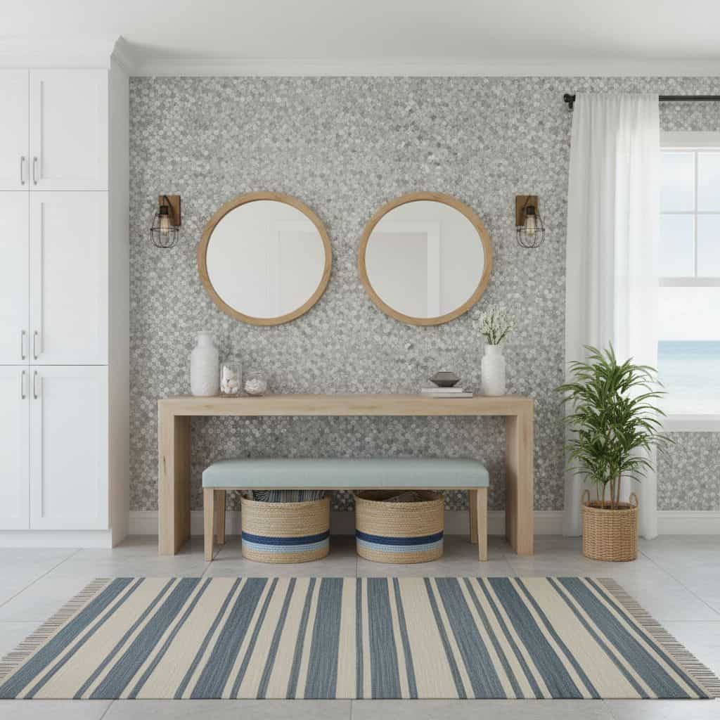 Modern entryway with peel and stick tile backsplash, mirrors, and decor. Bright, airy space with natural light and coastal ac.