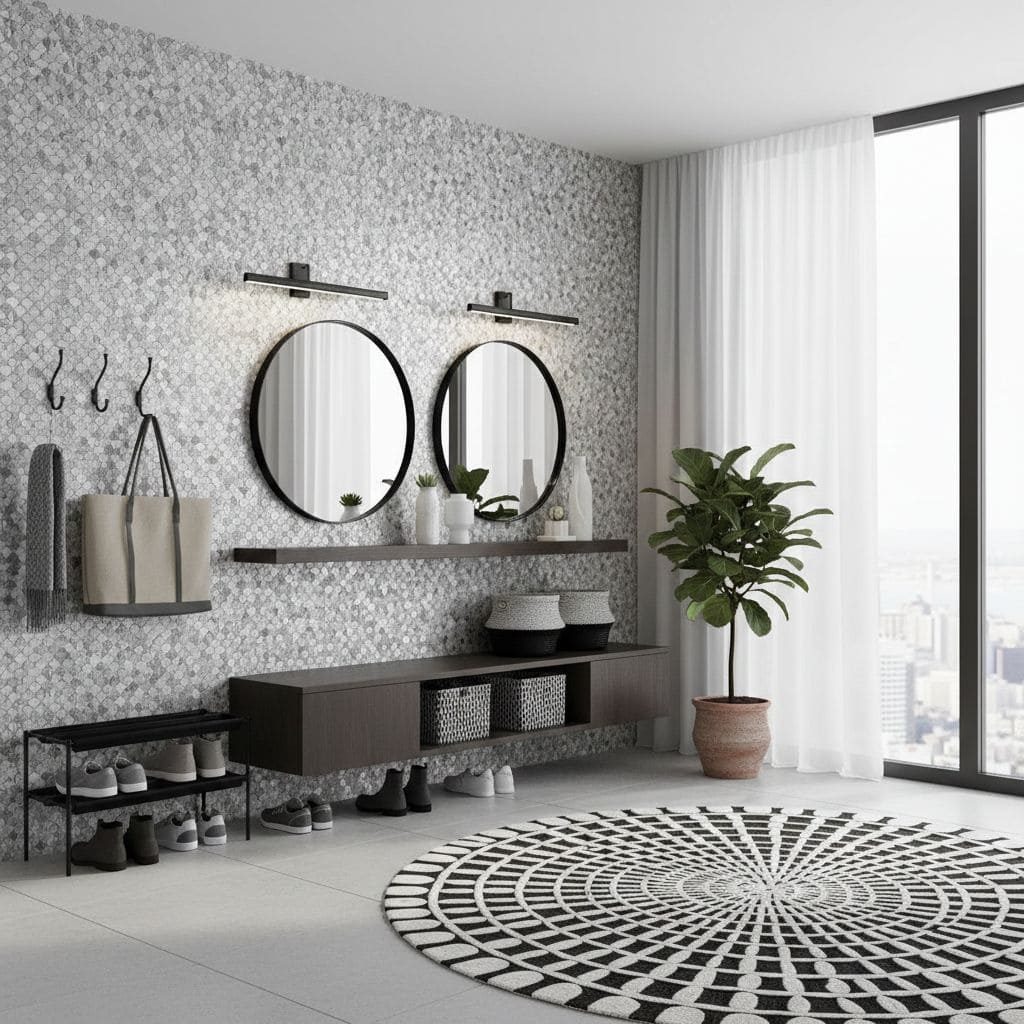 Modern bathroom with peel and stick wall tiles, round mirrors, and decorative accessories.