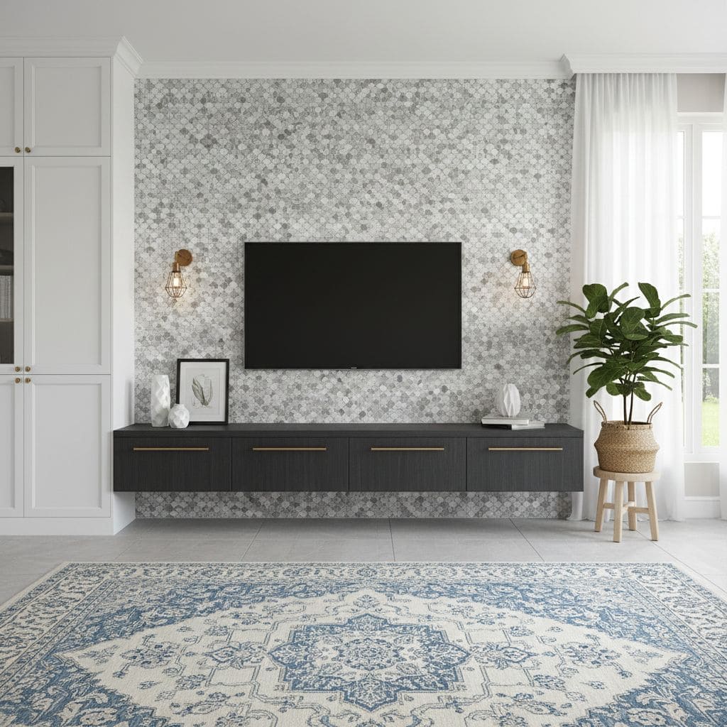 Wall with peel and stick tile backsplash and modern decor.