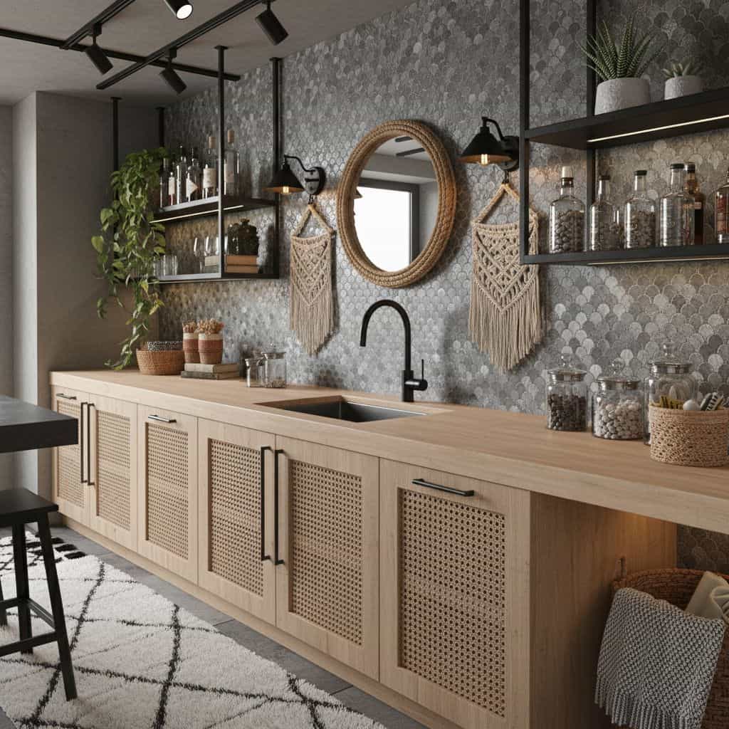 A modern kitchen featuring peel and stick tile backsplash with a natural wood cabinet and decorative wall accents.