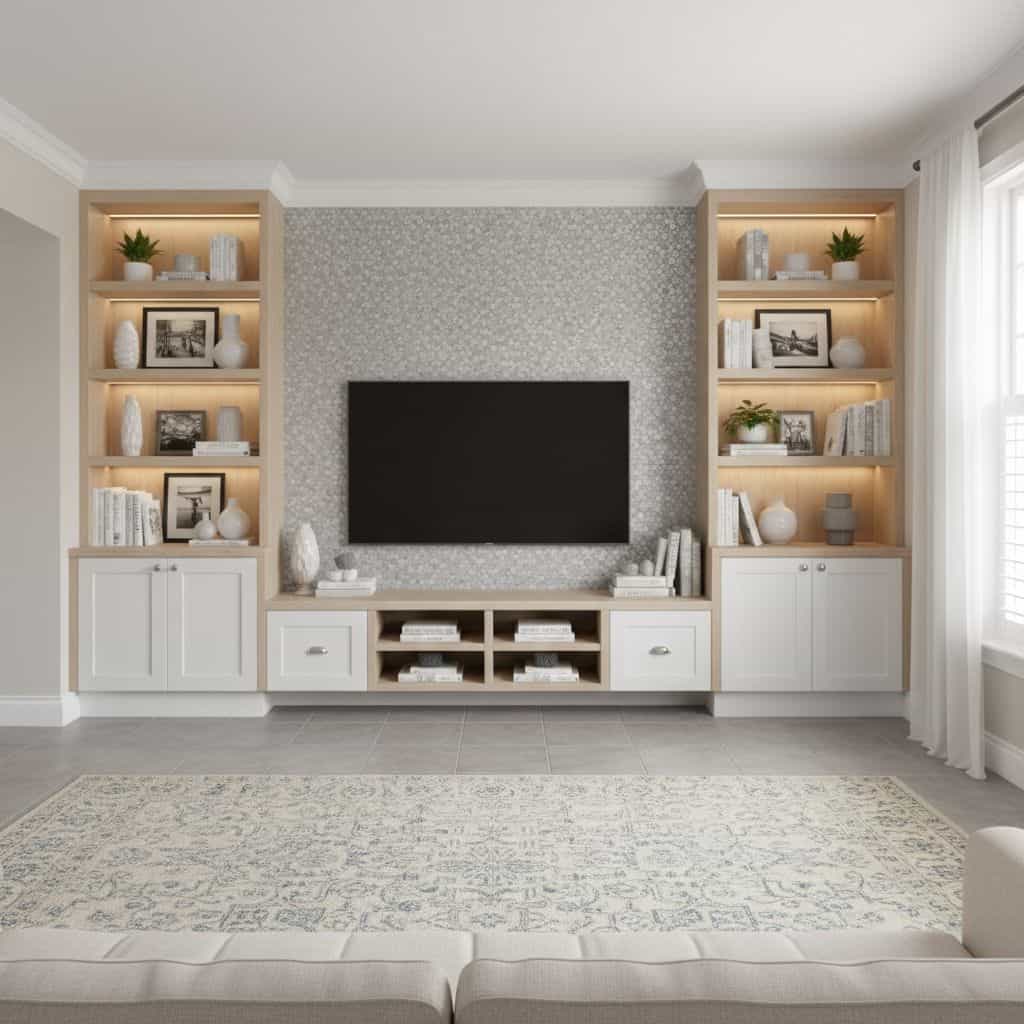 Image of a modern living room with peel and stick tile backsplash behind the TV.