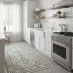 Modern kitchen with peel and stick tile backsplash, white cabinets, and stainless steel appliances.