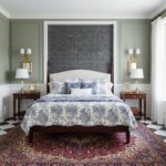 Blue hexagon textured wall tile in a bedroom setting.