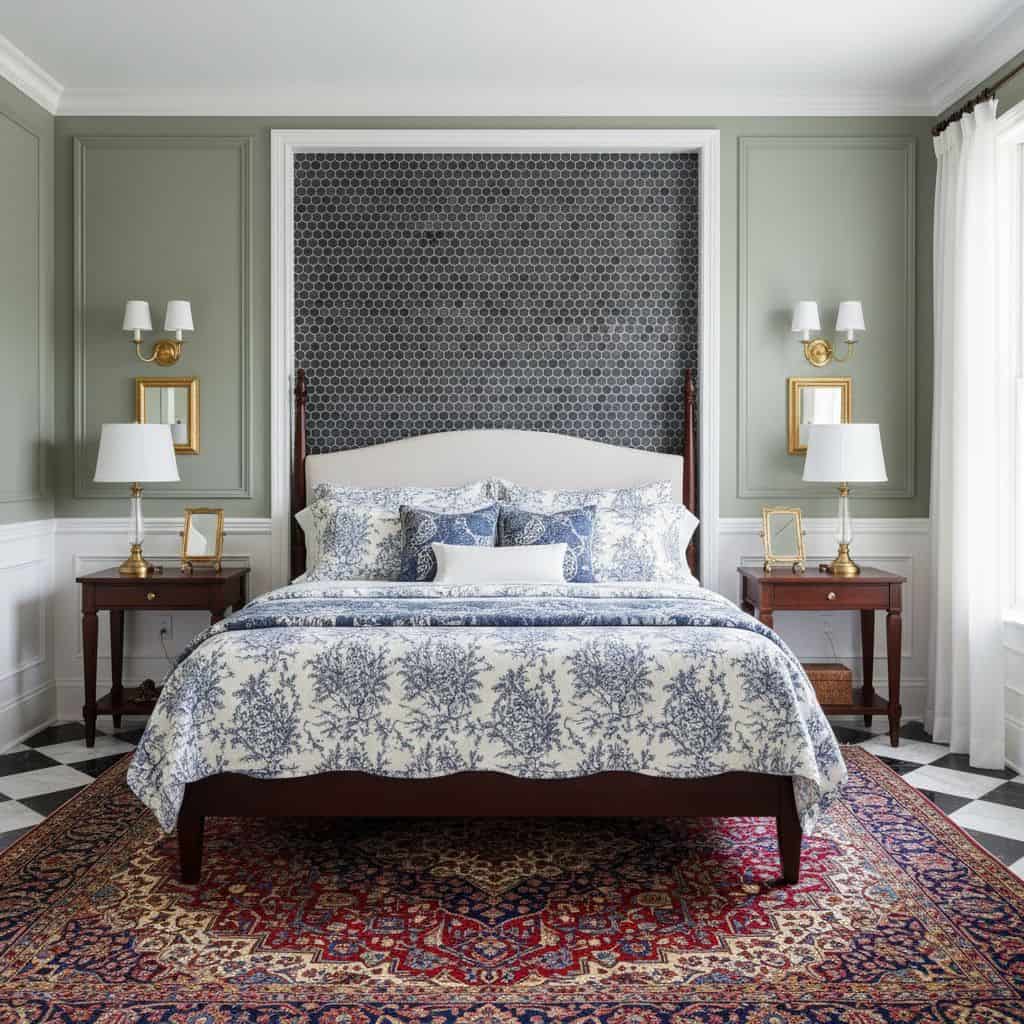 Blue hexagon textured wall tile in a bedroom setting.