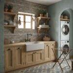 Warm-toned ceramic tile with textured surface in a rustic kitchen setting.