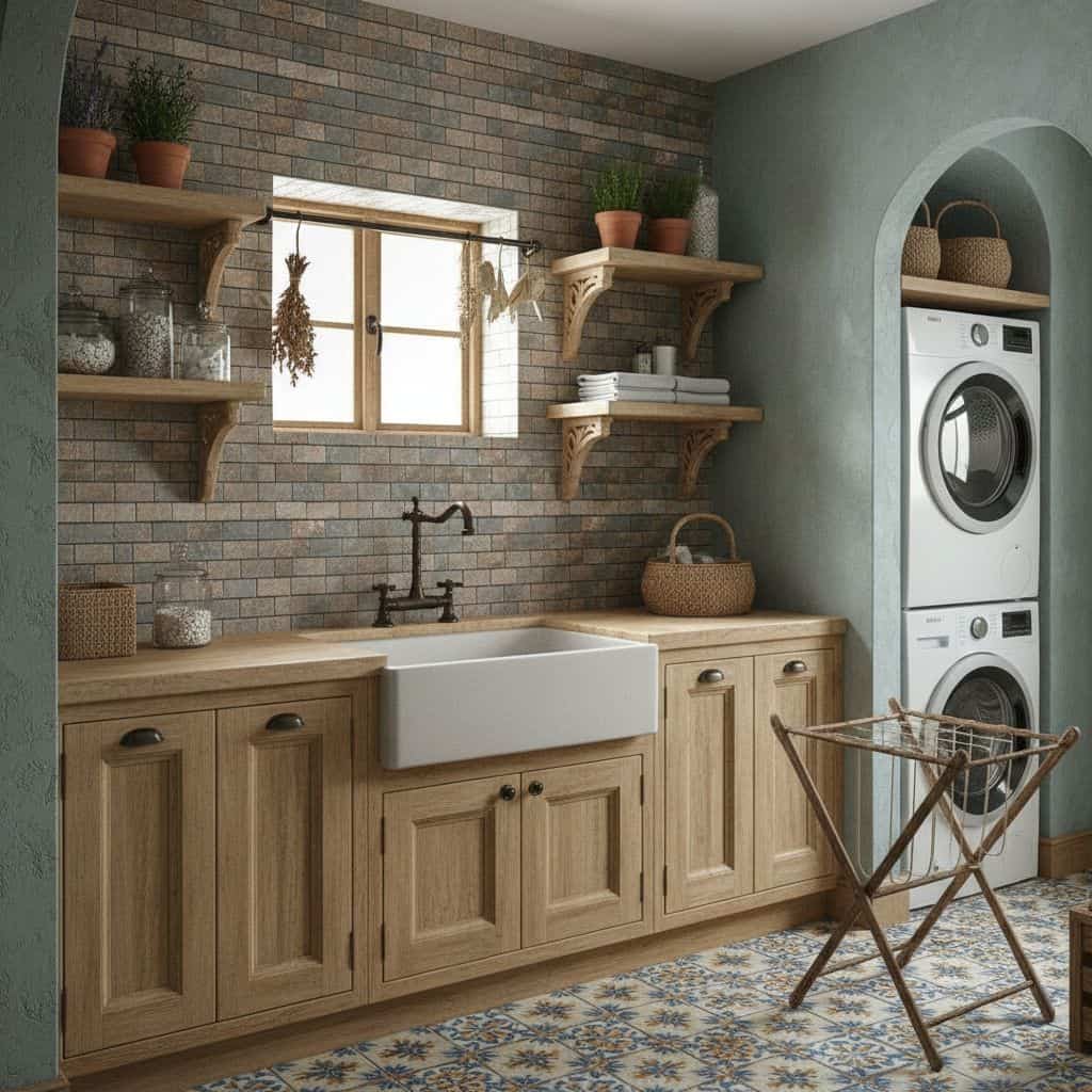 Warm-toned ceramic tile with textured surface in a rustic kitchen setting.