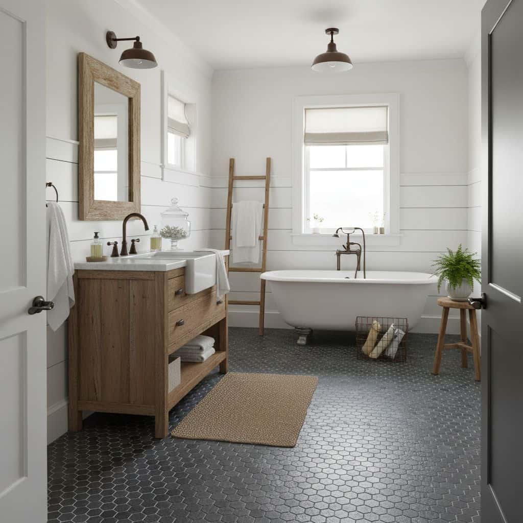 Warm gray hexagon tiles with matte finish, complementing the rustic wooden vanity and white walls.