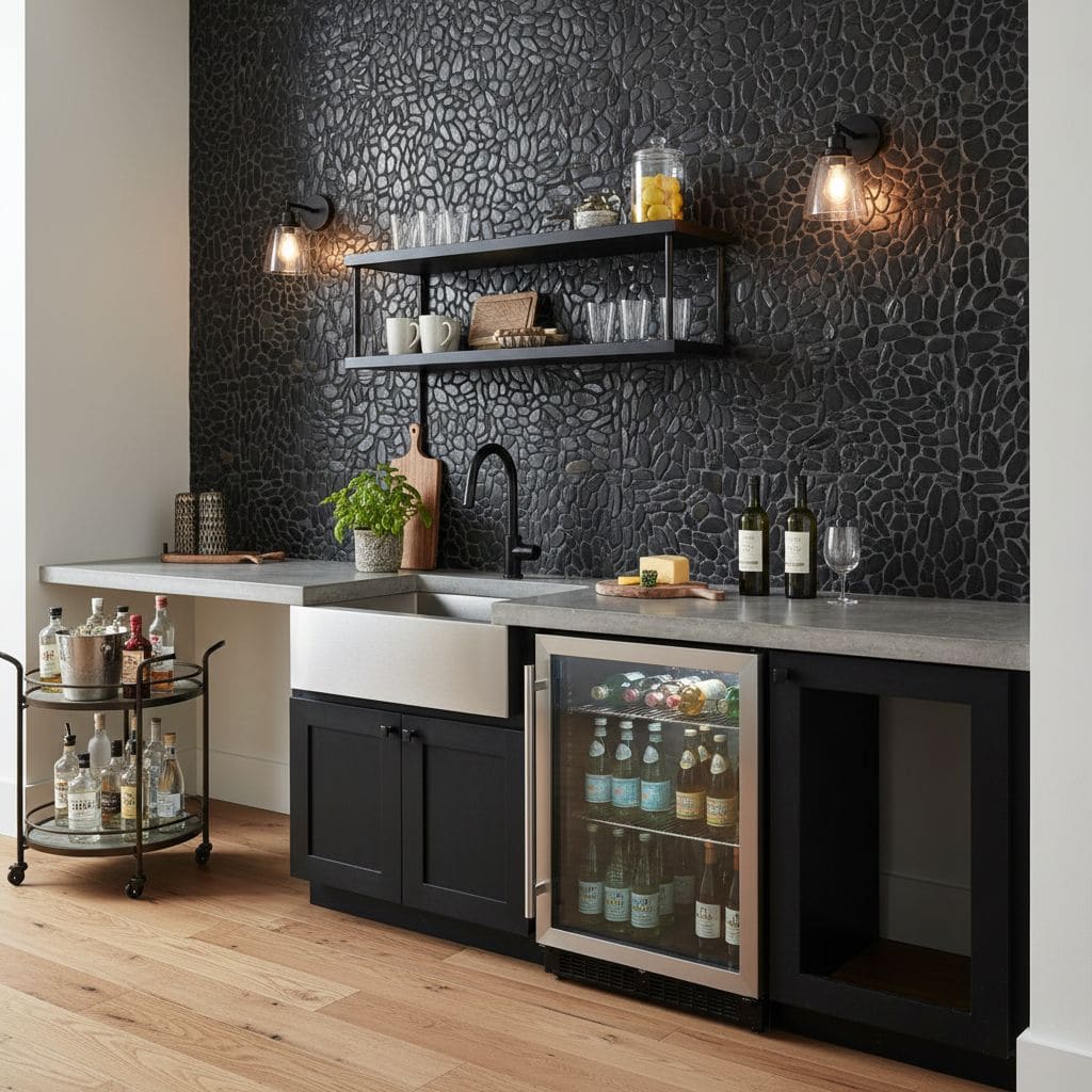 Black textured stone tile backsplash with matte finish behind sink and countertop.