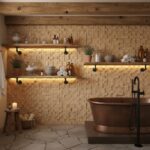 Relaxing spa bathroom featuring warm-toned wooden shelves, beige textured tiles, and a copper bathtub with black fixtures. Co.