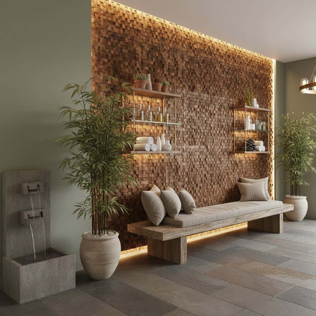 Wooden mosaic tiles in warm brown tones with textured surface and natural finish.