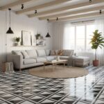 Bright living room with black and white geometric patterned tiles, white walls, and natural light from large windows.