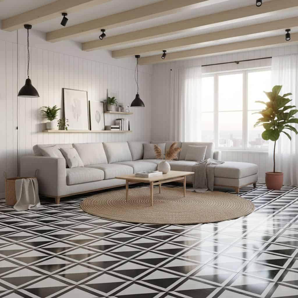 Bright living room with black and white geometric patterned tiles, white walls, and natural light from large windows.