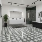 Black and white geometric patterned ceramic tiles, matte finish, in a contemporary bathroom setting.