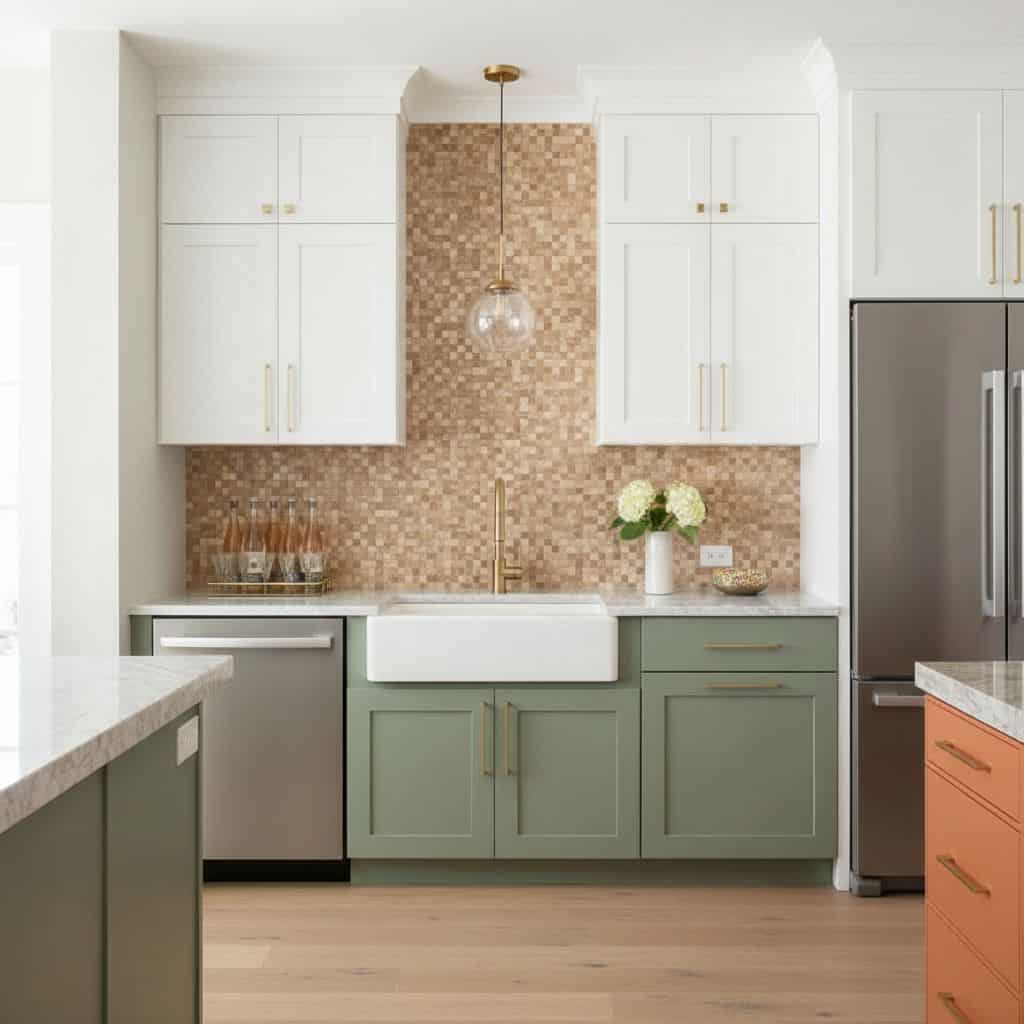 A modern kitchen featuring a peel and stick tile backsplash behind the sink, with white upper cabinets and green lower cabine.