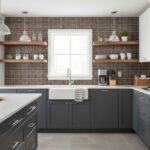Bright kitchen featuring a glass tile backsplash and a large window above the sink.