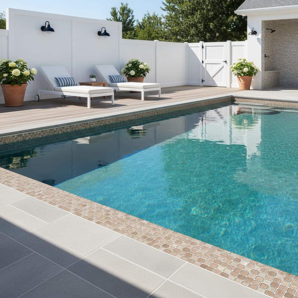 Beautiful backyard featuring a swimming pool with glass tile accents and a cozy outdoor seating area.