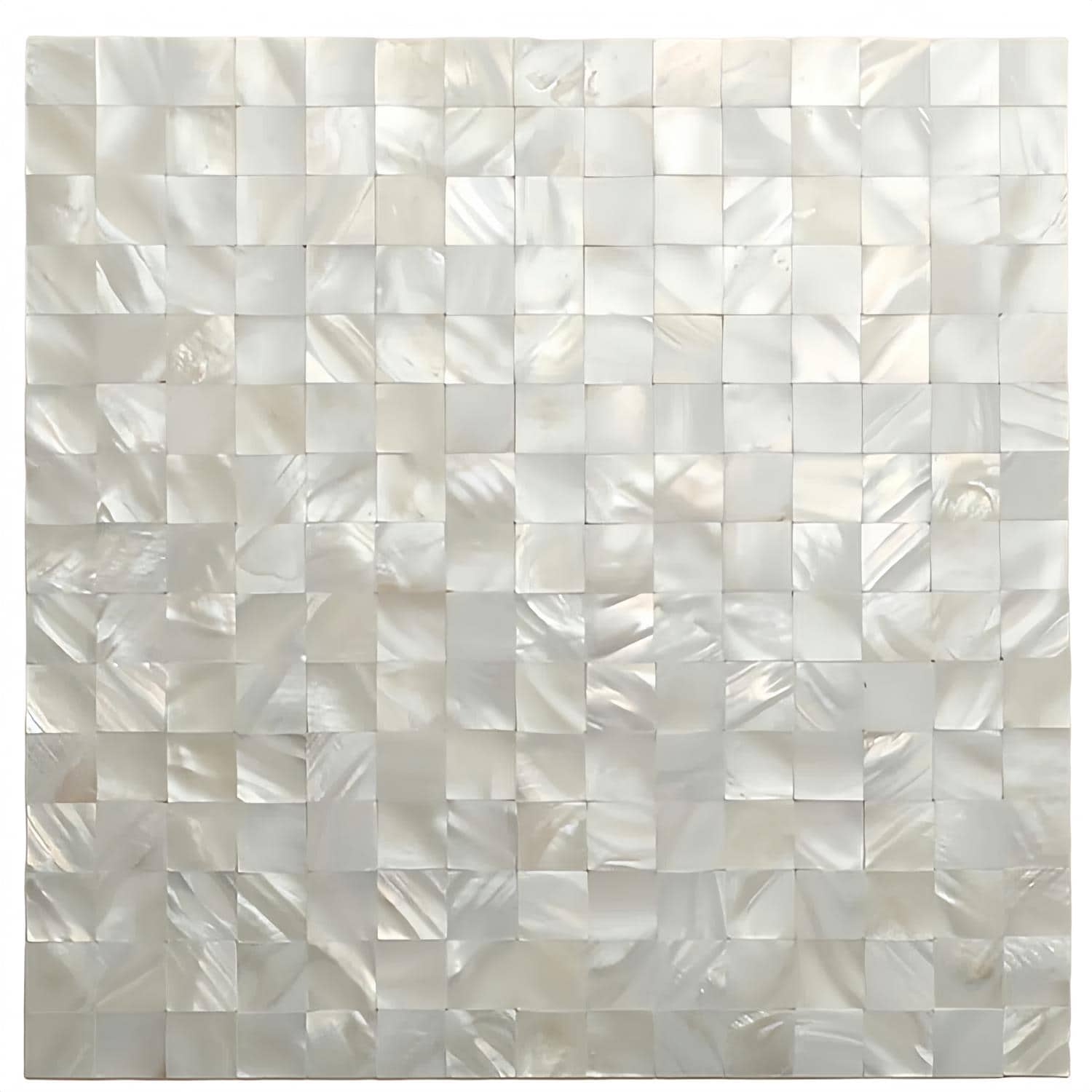 Elegant shell tile with iridescent mother of pearl finish. Perfect for luxurious wall or backsplash accents.