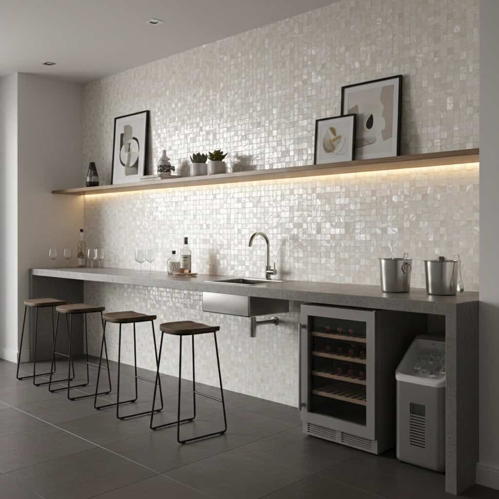 Modern kitchen with mother of pearl shell tile backsplash, bar stools, and minimalist decor.