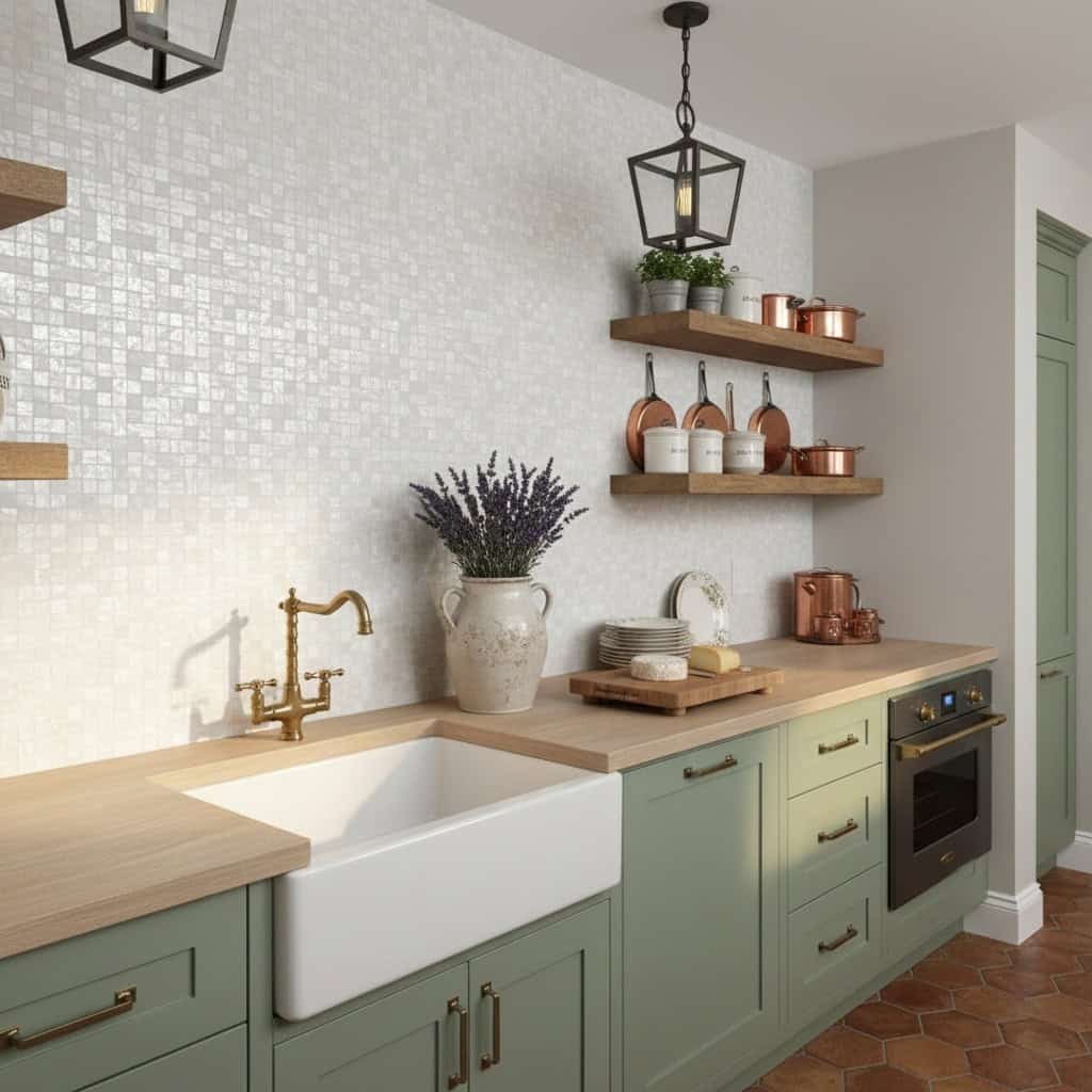Beautiful kitchen with mother of pearl shell tile backsplash and elegant decor.