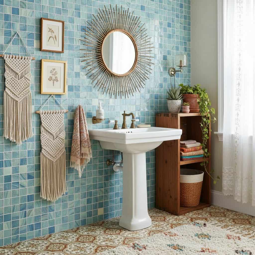 Blue glass tile backsplash, vintage mirror, and wooden accents in a bright, cozy bathroom with natural light and decorative e.