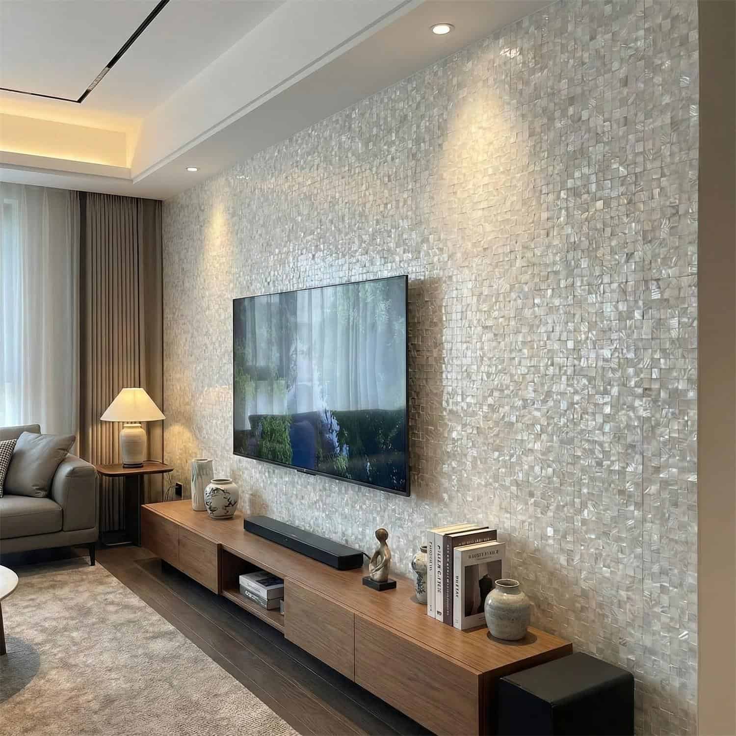Mother of pearl shell tile wall with iridescent seashells creating a luxurious textured surface. Perfect for elegant home int.