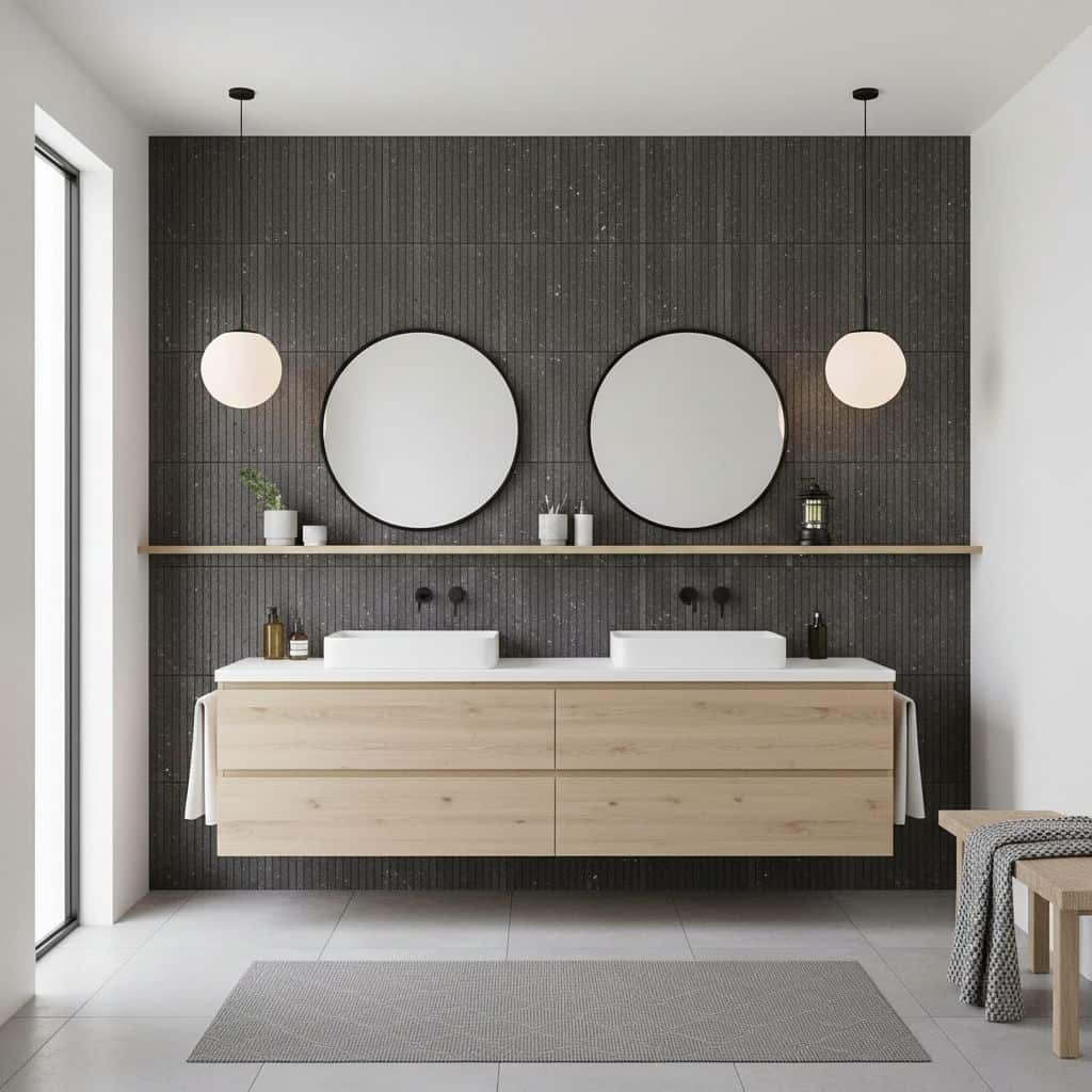 Dark textured tile wall with round mirrors and contemporary bathroom fixtures.