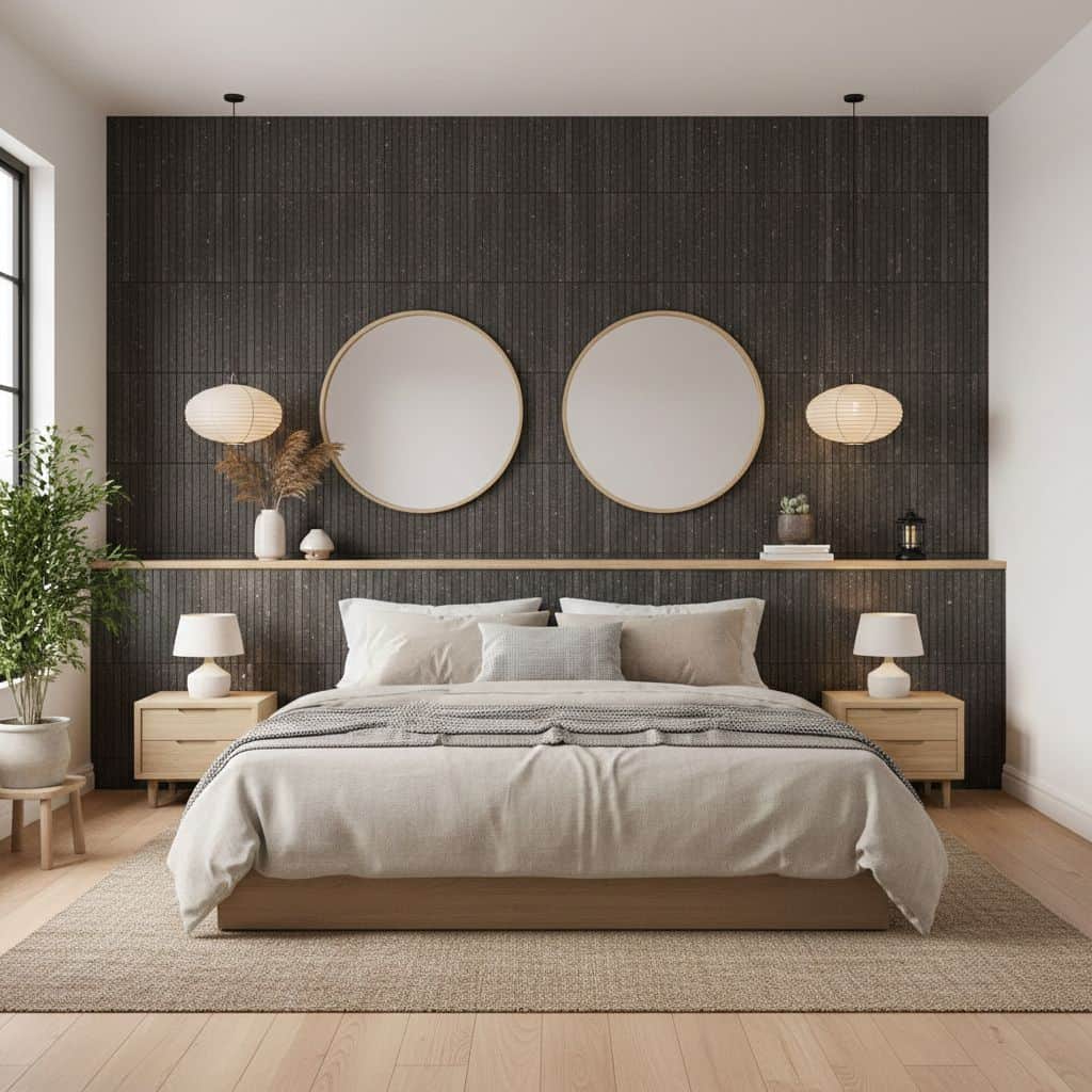 Black textured tile wall behind the bed with round mirrors and wall-mounted lamps.