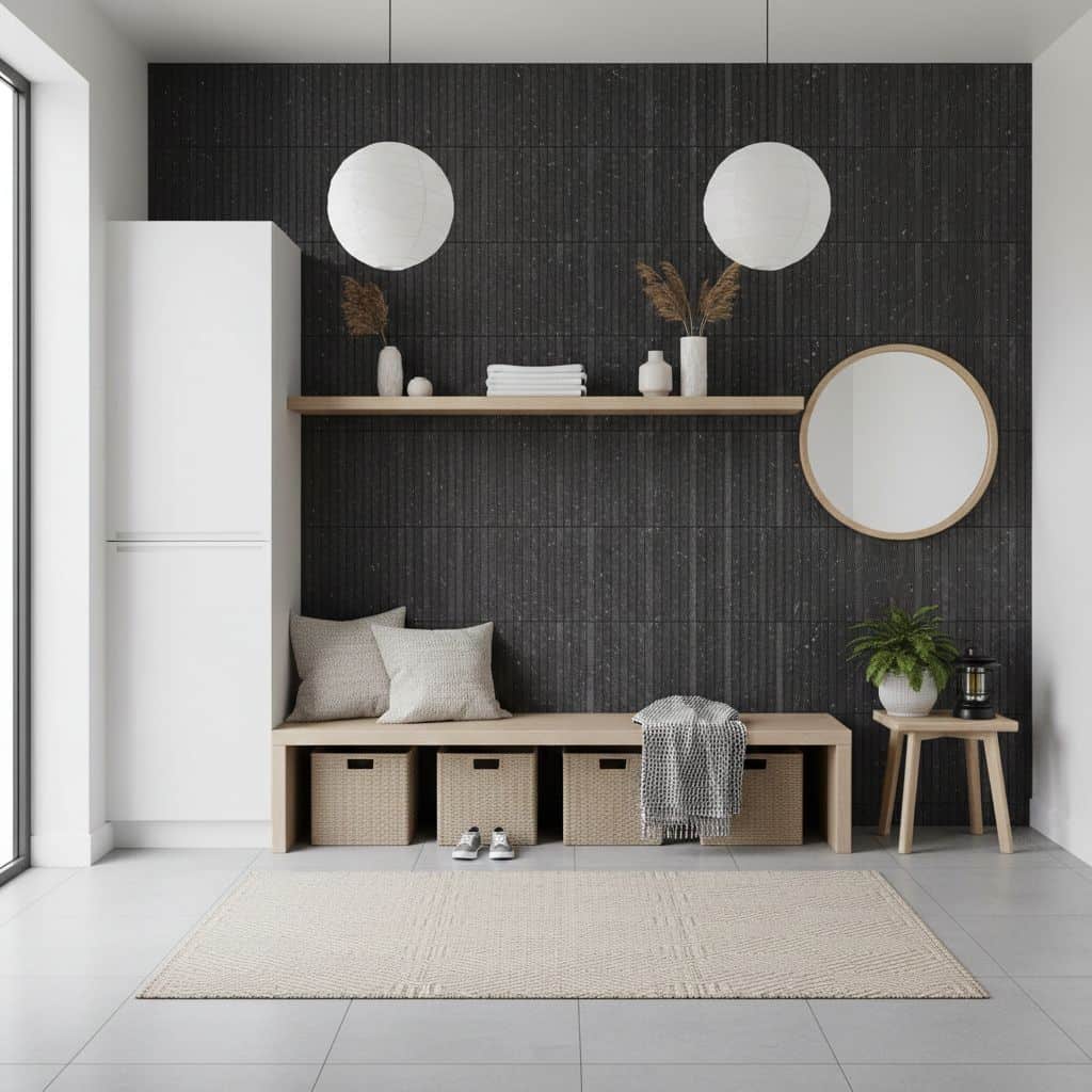 Black textured tile wall with wooden shelf, mirror, and decor in a modern entryway.