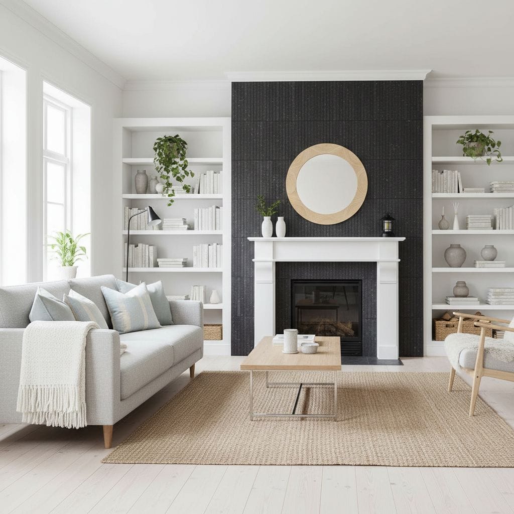 Black textured tile surrounding fireplace with white mantel and neutral-toned furniture.